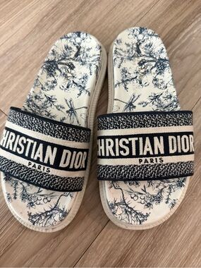 Dior Deep Blue Toile de Jouy Embroidered Cotton Dway Slide
